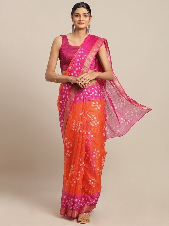 102 geroo jaipur orange pink art silk dyed bandhani saree