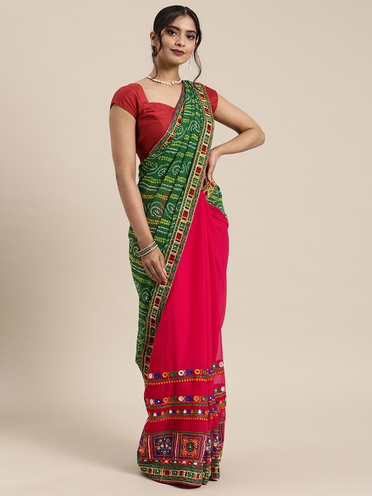 1120 mitera green pink pure georgette embroidered bandhani saree