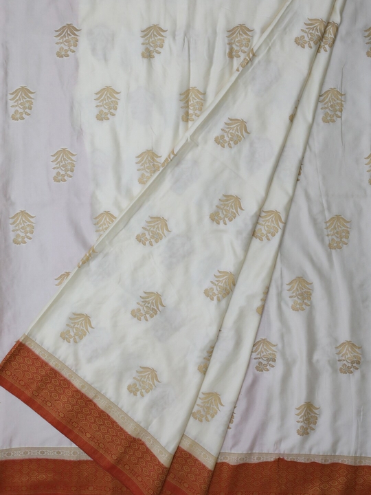 Cream-Coloured & Gold-Toned Satin Woven Design Saree by Bangalore Silk  Emporium - WeddingCues.com